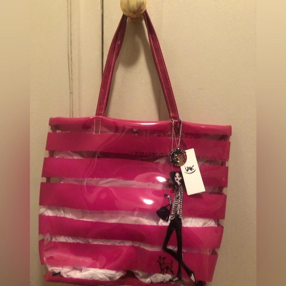 NWT Iconic and fun IZAK Zenou “ girl with dog “ pink striped pvc tote bag